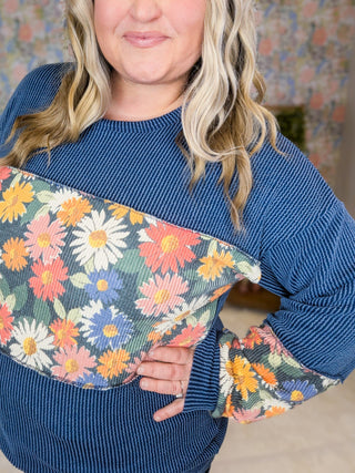 Leela Urban Ribbed Floral Block Long Sleeve in Denim Blue-2- Long Sleeve Tops-HEIMISH-Styled by Stacked - A Plus Size Women's Boutique in Lakeville, MN