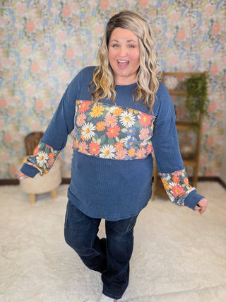 Leela Urban Ribbed Floral Block Long Sleeve in Denim Blue-2- Long Sleeve Tops-HEIMISH-Styled by Stacked - A Plus Size Women's Boutique in Lakeville, MN