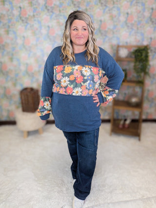 Leela Urban Ribbed Floral Block Long Sleeve in Denim Blue-2- Long Sleeve Tops-HEIMISH-Styled by Stacked - A Plus Size Women's Boutique in Lakeville, MN