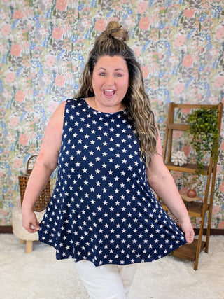 1- ShortSlv/Slvless Tops Leena Swing Tank in Navy Stars plus size clothing
