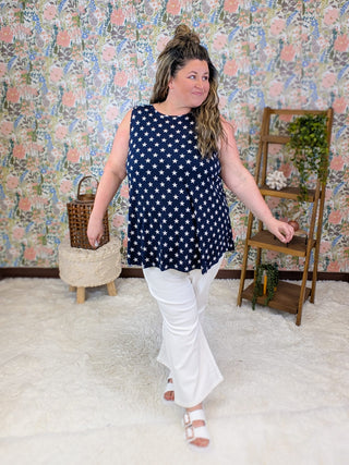 1- ShortSlv/Slvless Tops Leena Swing Tank in Navy Stars plus size clothing