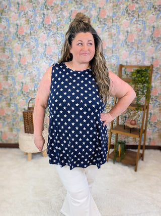 1- ShortSlv/Slvless Tops Leena Swing Tank in Navy Stars plus size clothing