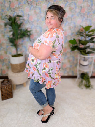 Lena Scoopneck Short Sleeve Babydoll in Florals-1- ShortSlv/Slvless Tops-BE STAGE-Styled by Stacked - A Plus Size Women's Boutique in Lakeville, MN