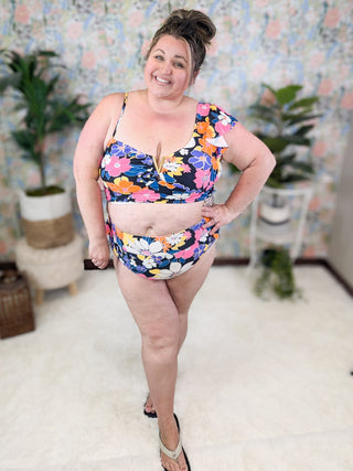 ***Leo Black Mod Floral 2 Piece w/Ruffle Accent + One-Shoulder-SWIMWEAR-WHITE BIRCH-Styled by Stacked - A Plus Size Women's Boutique in Lakeville, MN
