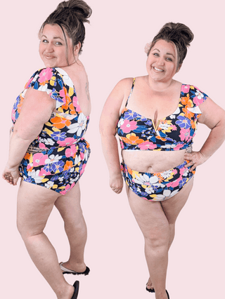 ***Leo Black Mod Floral 2 Piece w/Ruffle Accent + One-Shoulder-SWIMWEAR-WHITE BIRCH-Styled by Stacked - A Plus Size Women's Boutique in Lakeville, MN