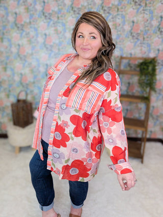 2- Long Sleeve Tops Leona Lightweight Buttondown in Floral + Stripes plus size clothing
