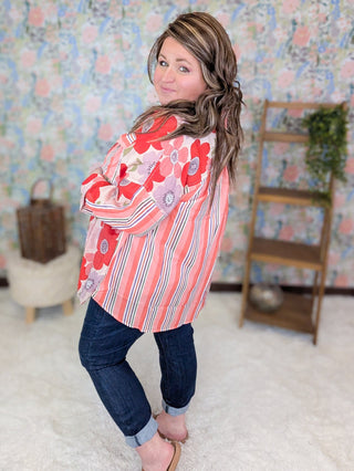 2- Long Sleeve Tops Leona Lightweight Buttondown in Floral + Stripes plus size clothing