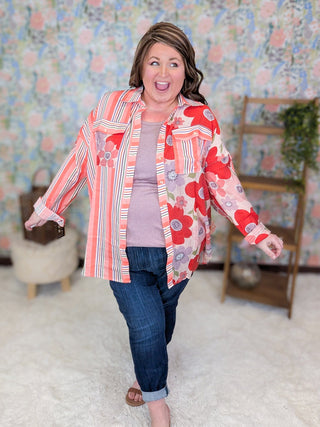 2- Long Sleeve Tops Leona Lightweight Buttondown in Floral + Stripes plus size clothing