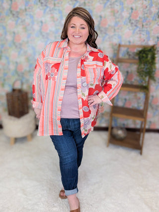 2- Long Sleeve Tops Leona Lightweight Buttondown in Floral + Stripes plus size clothing