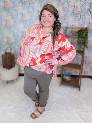2- Long Sleeve Tops Leona Lightweight Buttondown in Floral + Stripes plus size clothing