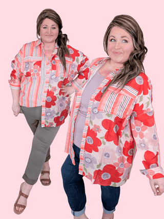 2- Long Sleeve Tops Leona Lightweight Buttondown in Floral + Stripes plus size clothing