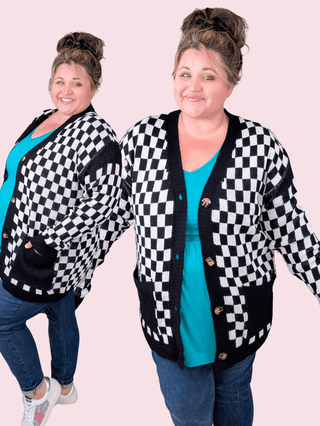 Leslie Black + White Checkerboard Cardigan Sweater-2- Long Sleeve Tops-with love molly-Styled by Stacked - A Plus Size Women's Boutique in Lakeville, MN