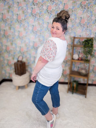 1- ShortSlv/Slvless Tops Leta Ivory Vneck Top w/Floral Sleeves plus size clothing