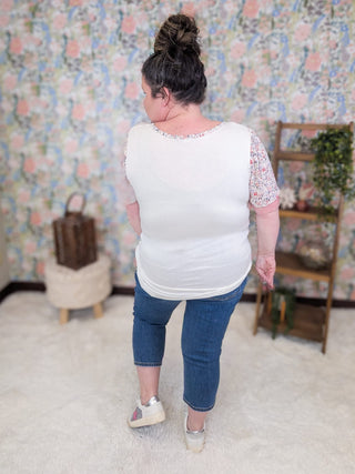 1- ShortSlv/Slvless Tops Leta Ivory Vneck Top w/Floral Sleeves plus size clothing