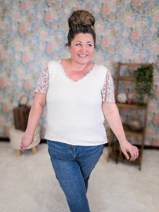 1- ShortSlv/Slvless Tops Leta Ivory Vneck Top w/Floral Sleeves plus size clothing