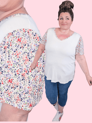 1- ShortSlv/Slvless Tops Leta Ivory Vneck Top w/Floral Sleeves plus size clothing