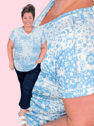 1- ShortSlv/Slvless Tops Libby Short Sleeve Vneck in Blue + Ivory Patch Floral plus size clothing