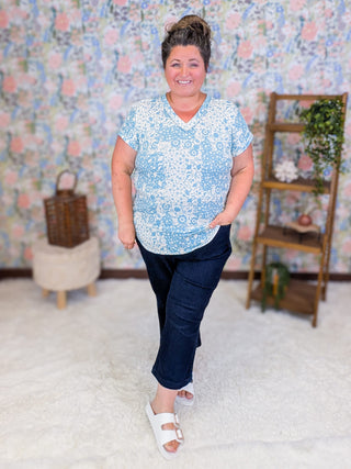 1- ShortSlv/Slvless Tops Libby Short Sleeve Vneck in Blue + Ivory Patch Floral plus size clothing