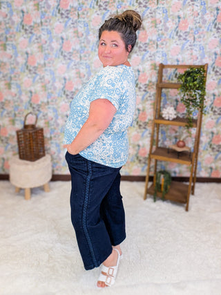 1- ShortSlv/Slvless Tops Libby Short Sleeve Vneck in Blue + Ivory Patch Floral plus size clothing