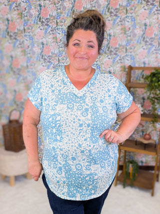 1- ShortSlv/Slvless Tops Libby Short Sleeve Vneck in Blue + Ivory Patch Floral plus size clothing