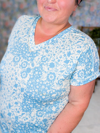 1- ShortSlv/Slvless Tops Libby Short Sleeve Vneck in Blue + Ivory Patch Floral plus size clothing