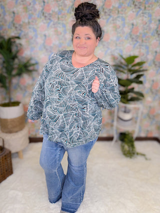 Lili Abstract Leaf Print Top in Teal + Black Mix-2- Long Sleeve Tops-WHITE BIRCH-Styled by Stacked - A Plus Size Women's Boutique in Lakeville, MN