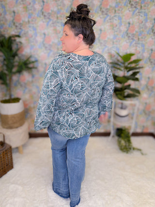Lili Abstract Leaf Print Top in Teal + Black Mix-2- Long Sleeve Tops-WHITE BIRCH-Styled by Stacked - A Plus Size Women's Boutique in Lakeville, MN