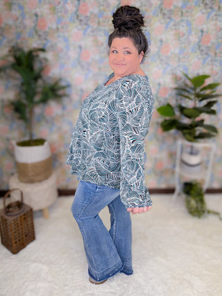 Lili Abstract Leaf Print Top in Teal + Black Mix-2- Long Sleeve Tops-WHITE BIRCH-Styled by Stacked - A Plus Size Women's Boutique in Lakeville, MN