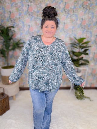 Lili Abstract Leaf Print Top in Teal + Black Mix-2- Long Sleeve Tops-WHITE BIRCH-Styled by Stacked - A Plus Size Women's Boutique in Lakeville, MN