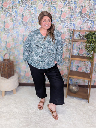 2- Long Sleeve Tops Lili Abstract Leaf Print Top in Teal + Black Mix plus size clothing