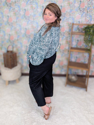 2- Long Sleeve Tops Lili Abstract Leaf Print Top in Teal + Black Mix plus size clothing
