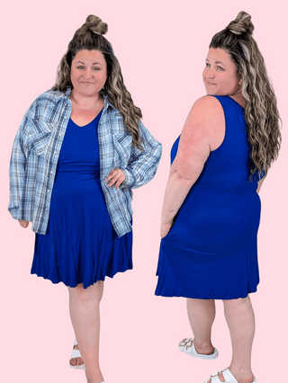 11- Dress/Romp/Jump Linda Vneck Tank Dress w/ Pockets in Blue plus size clothing