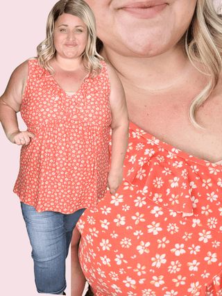 Lindsay Ruffle Detail Tank in Dark Coral Floral-1- ShortSlv/Slvless Tops-HAPTICS-Styled by Stacked - A Plus Size Women's Boutique in Lakeville, MN