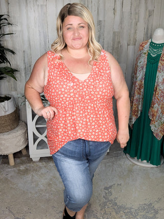 Lindsay Ruffle Detail Tank in Dark Coral Floral-1- ShortSlv/Slvless Tops-HAPTICS-Styled by Stacked - A Plus Size Women's Boutique in Lakeville, MN