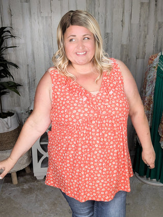 Lindsay Ruffle Detail Tank in Dark Coral Floral-1- ShortSlv/Slvless Tops-HAPTICS-Styled by Stacked - A Plus Size Women's Boutique in Lakeville, MN