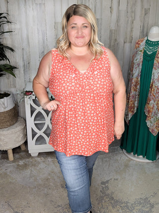 Lindsay Ruffle Detail Tank in Dark Coral Floral-1- ShortSlv/Slvless Tops-HAPTICS-Styled by Stacked - A Plus Size Women's Boutique in Lakeville, MN