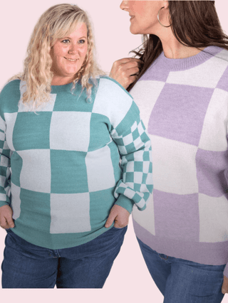 Lindy Checker Board Cozy Sweater (2 Colors)-2- Long Sleeve Tops-MICHELLE MAE-Styled by Stacked - A Plus Size Women's Boutique in Lakeville, MN
