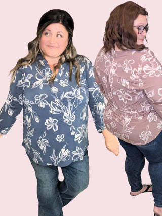 Linnea Drawn Floral 3/4 Sleeve Gabby Top (2 colors)-2- Long Sleeve Tops-WHITE BIRCH-Styled by Stacked - A Plus Size Women's Boutique in Lakeville, MN