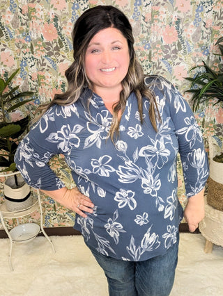 Linnea Drawn Floral 3/4 Sleeve Gabby Top (2 colors)-2- Long Sleeve Tops-WHITE BIRCH-Styled by Stacked - A Plus Size Women's Boutique in Lakeville, MN