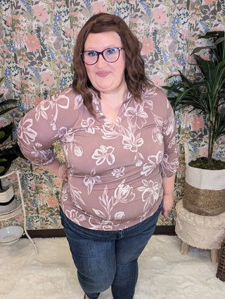 Linnea Drawn Floral 3/4 Sleeve Gabby Top (2 colors)-2- Long Sleeve Tops-WHITE BIRCH-Styled by Stacked - A Plus Size Women's Boutique in Lakeville, MN