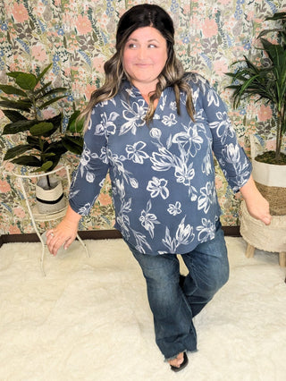 Linnea Drawn Floral 3/4 Sleeve Gabby Top (2 colors)-2- Long Sleeve Tops-WHITE BIRCH-Styled by Stacked - A Plus Size Women's Boutique in Lakeville, MN
