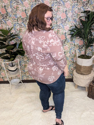 Linnea Drawn Floral 3/4 Sleeve Gabby Top (2 colors)-2- Long Sleeve Tops-WHITE BIRCH-Styled by Stacked - A Plus Size Women's Boutique in Lakeville, MN