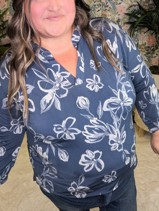 Linnea Drawn Floral 3/4 Sleeve Gabby Top (2 colors)-2- Long Sleeve Tops-WHITE BIRCH-Styled by Stacked - A Plus Size Women's Boutique in Lakeville, MN