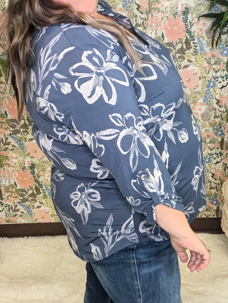 Linnea Drawn Floral 3/4 Sleeve Gabby Top (2 colors)-2- Long Sleeve Tops-WHITE BIRCH-Styled by Stacked - A Plus Size Women's Boutique in Lakeville, MN