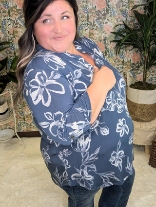 Linnea Drawn Floral 3/4 Sleeve Gabby Top (2 colors)-2- Long Sleeve Tops-WHITE BIRCH-Styled by Stacked - A Plus Size Women's Boutique in Lakeville, MN