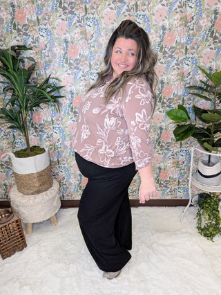 Linnea Drawn Floral 3/4 Sleeve Gabby Top (2 colors)-2- Long Sleeve Tops-WHITE BIRCH-Styled by Stacked - A Plus Size Women's Boutique in Lakeville, MN