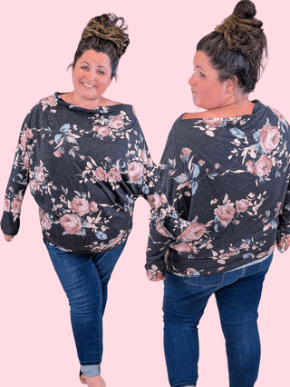 2- Long Sleeve Tops Liza Slouchy Off Shoulder Top in Faded Black Floral plus size clothing