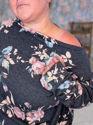 2- Long Sleeve Tops Liza Slouchy Off Shoulder Top in Faded Black Floral plus size clothing