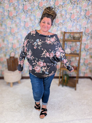 2- Long Sleeve Tops Liza Slouchy Off Shoulder Top in Faded Black Floral plus size clothing