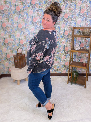 2- Long Sleeve Tops Liza Slouchy Off Shoulder Top in Faded Black Floral plus size clothing